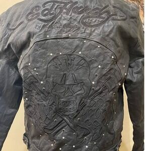 Vintage NWT Ed Hardy Leather Cropped Leather Jacket Skull Studded Y2K Moto Retro